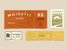 an assortment of stamps and tickets for the majestic show, which is being held on june 30