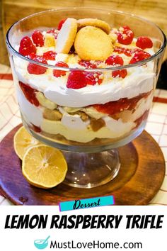 lemon raspberry trifle in a glass dish