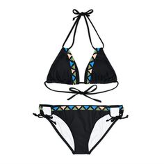 Dive into the summer season in style with our black lace-up bikini! Combining elegance with a touch of playfulness, this bikini is the perfect companion for days at the beach or by the pool. Characteristics: - Material: Made from 82% microfiber polyester and 18% elastane, this bikini is comfortable to wear and has an optimal fit. - Mid-weight fabric: Weighing 7.5 ounces per square yard (250 gsm), this bikini offers a balanced mix of comfort and durability. - Two-piece swimsuit set: Consisting of Black Triangle Swimwear For Pool, Black Adjustable Swimwear For Poolside, Adjustable Black Swimwear For Poolside, Black Triangle Top Swimwear For Pool, Black Triangle Top Swimwear For Vacation, Black Triangle Swimwear For Poolside, Black Swimwear For Festival And Vacation, Adjustable Black Swimwear For Summer, Triangle Swimwear For Beach Party