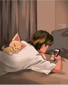 a person laying in bed with a cat and cell phone