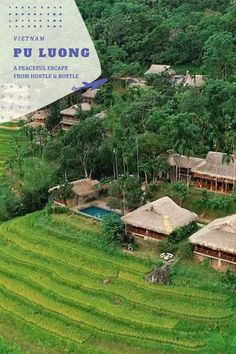 an aerial view of a rice field with houses in the background and text overlay that reads, pu luong