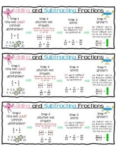 three different fractions and subtracting fractions worksheet with two numbers