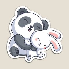 a sticker with a panda hugging a rabbit