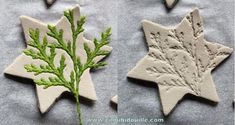 three clay ornaments with green leaves on them