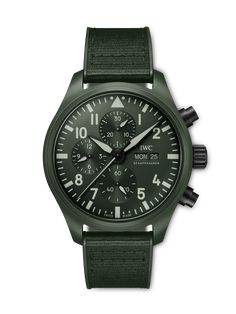 The Pilot's Watch Chronograph TOP GUN Edition “Woodland” is the first IWC watch featuring a case in newly engineered, dark green ceramic. Green Chronograph Watch With Tachymeter For Outdoor, Green Outdoor Chronograph Watch With Tachymeter, Iwc Pilot Chronograph, Iwc Watches Pilot, Iwc Schaffhausen, Iwc Pilot, Iwc Watches, Rolex Watches For Men, Pilot Watch