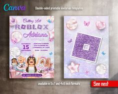 two children's birthday party flyers with pink and purple decorations