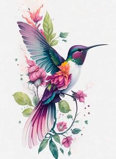 a hummingbird with flowers and leaves on its wings