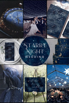 starry night wedding collage with stars and moon on the sky in blue tones