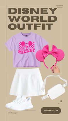 Disney World outfit for women  Mickey crop top White wrap tennis skirt Hot pink Disney mouse ears White belt bag White walking shoes  Follow my shop @shelbburger on the @shop.LTK app to shop this post and get my exclusive app-only content!  #liketkit #LTKtravel #LTKsalealert #LTKSpringSale @shop.ltk https://liketk.it/4yOBp Hot Pink Disney Outfit, Disney World T Shirt Ideas, Florida Fits, White Belt Bag, White Walking Shoes, Disneyland 2024, Disney Ootd, Disney Park Outfit