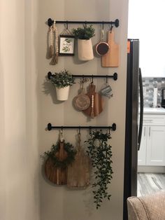 a wall mounted potted plants and kitchen utensils on a metal rack in a kitchen