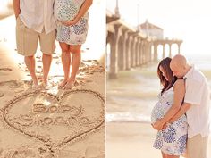 a couple is standing on the beach with their heart drawn in the sand