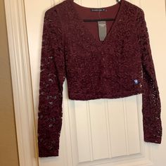 Never Worn Nwt Xs Burgundy Lace Too Bundle And Save Cropped Lace Top For Fall, Fall Lace Tops For Date Night, Fitted Red Lace Top, Fitted Long Sleeve Lace Top For Date Night, Burgundy V-neck Top For Date Night, Fitted Lace V-neck Crop Top, Fitted Burgundy Tops For Night Out, Fitted Burgundy Tops For Date Night, Halter Tie Top