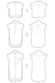 the front, back and side views of a shirt with collars on each chest