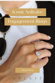 a woman wearing an engagement ring with the words iconic soltatione engagement rings read more