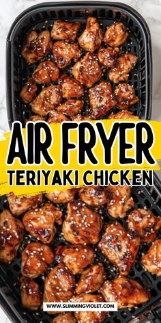 air fryer teriyaki chicken on a grill with text overlay