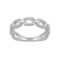 A chain-link design and dazzling diamonds make this Royal Aura ring a distinctively stylish accessory. A chain-link design and dazzling diamonds make this Royal Aura ring a distinctively stylish accessory.Click on this JEWELRY & WATCHES GUIDE to learn about fit, styles, materials and more! Metal: sterling silver Packaging: boxed Width: 2.5 mm Finish: polishedDIAMOND DETAILS Total weight: 1/5 ct. Shape: round brilliant Setting: prong Gemstones may have been treated to enhance their appearance. Sp Diamond White Jewelry With Diamond Accents And Chain Link, Chain Ring In White Gold With Brilliant Cut Diamond, Luxury Silver Diamond Chain Ring, Silver Cubic Zirconia Chain Ring Fine Jewelry, Elegant Silver Chain Ring With Diamond Accents, Fine Jewelry White Gold Chain Ring With Diamond Accents, White Gold Diamond Chain Ring With Brilliant Cut, Silver Chain Link Ring For Anniversary, Modern White Gold Chain Link Rings