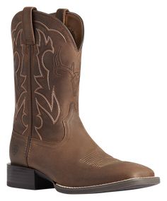 A comfortable and sturdy Ariat cowboy boot for sportsmen, the Sport Outdoor Western Boots for Men deliver proven Ariat performance with a great look. A design that's ready for riding, work, or fun, the Sport Outdoor features a full-grain leather foot and upper with a comfortable synthetic mesh lining inside. On the outside, this sharp looking boot features 6-row stitching and an embroidered deer skull in the front for a great look. Under the feet, the Sport Outdoors cushions every step with ligh Rugged Snip Toe Riding Boots, Rustic Moto Boots For Western-themed Events, Sturdy Brown Western Boots, Brown Sturdy Western Boots, Western Sturdy Moc Toe Boots, Western Moc Toe Sturdy Boots, Mens Cowboy Boots Outfit Casual, Brown Boots Men, Mens Cowboy Boots Outfit