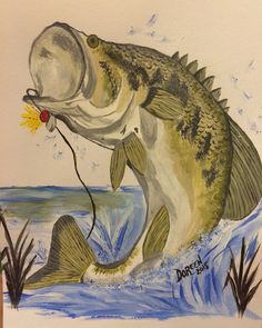 a drawing of a large mouth bass catching a fish