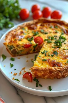 Quiche with a slice removed, garnished with chopped parsley and cherry tomato halves, on a white plate. Air Fryer Quiche Lorraine, Air Fryer Quiche Recipe, Quiche In Air Fryer, Quiche For One, Air Fryer Quiche, Classic Quiche Lorraine, Classic Quiche, Recipe For Air Fryer, Simple Green Salad