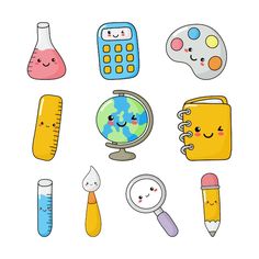 various school supplies are arranged on a white background