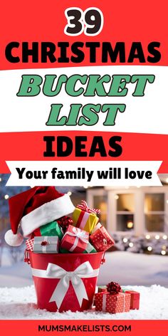 Christmas Bucket List Ideas All the Family Will Love. Image of Christmas Bucket full of gifts Things To Do Christmas Time, Christmas Traditions With Teens, Christmas Family Fun Ideas, Fun Family Christmas Ideas, Fun Christmas Activities For Adults, Winter Bucket List For Kids, Fun Holiday Activities For Kids, Fun Family Christmas Activities