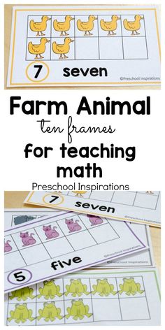 farm animal ten frames for teaching math with text overlay that reads seven farm animals ten frames for teaching math