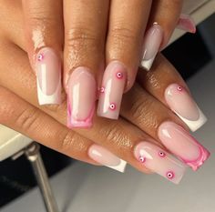 Nails Acrylic Evil Eye Pink, Summer French Tip Nails 2023, Pink Gel X Nail Designs, Evil Eye Acrylics, Nail Ideas Evil Eye, Evil Eye Nails Acrylic, Evil Eye French Nails, White Tips With Design, Evil Eye French Tip Nails