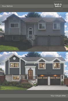 before and after photos of a two story house with garage doors on the second floor