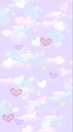 hearts flying through the sky with clouds in the back ground and pastel colors on them