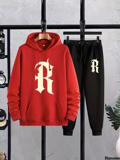 Russoo - Mens Letter Print 2-Piece Casual Outfit Set: Long Sleeve Pullover Hooded Sweatshirt and Sweatpants Joggers Ensemble, Ideal for Spring and Fall Wardrobe Long Sleeve Sets For Streetwear In Winter, Long Sleeve Letter Print Streetwear Sets, Long-sleeve Letter Print Streetwear Sets, Letter Print Long Sleeve Sets For Streetwear, Red Hooded Winter Set, Casual Winter Streetwear Sets, Red Cotton Tracksuit For Winter, Casual Red Long Sleeve Tracksuit, Casual Red Sets For Streetwear