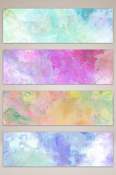 three watercolor banners with different colors on them