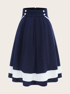 Color: NavyDetails: Pleated, Colorblock, Double Button, Zipper, Contrast BindingFabric: Fabric has some stretchLength: Long/Full LengthComposition: 100% PolyesterSeason: Spring/Summer/FallSilhouette: FlaredStyle: PreppyType: CircleWaist Type: High Waist Pleated Skirt Pattern, Box Pleated Skirt, Box Pleat Skirt, Latest Skirts, Women Skirts, Beautiful Skirts, Box Pleats, Bottom Clothes