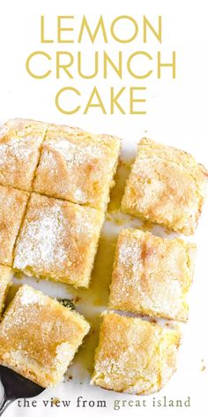 lemon crunch cake is cut into squares on a white plate