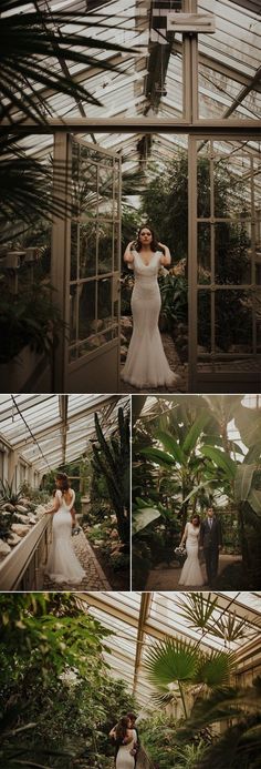 the bride and groom are posing for pictures in the greenhouse