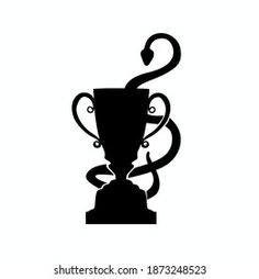 a black and white silhouette of a cup with a snake on it's head