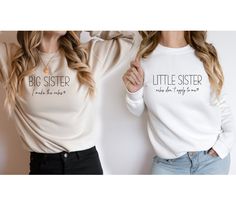 Big sis and little sis matching sweatshirts! We heat press professional vinyl for a seamless and simple design. Perfect custom gift, you can change what each sister says as well as the  sweatshirt color and text. We have one of the fastest processsing and shipping times on Etsy. Usually your order will ship out in 1-4 business days if in stock. Please message us if interested in shipping time or to see if it will arrive to you in time. Due to crewneck shortages, we carry 2-3 different brands of Lil Sis Big Sis, Big Sister And Little Sister, Tan Crewneck, Couples Sweaters, Sister Outfits, Matching Sweatshirts, Big Sis, Big Sister, Sister Gifts