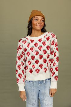 This chunky knit sweater features the cutest strawberry print there is! With a crew neckline and soft material, the Strawberry Fields Forever Sweater is one that will be in your closet for years to come! chunky knit // paired with the free people crvy outlaw wide leg jeans Cute Chunky Knit Sweater For Spring, Cute Crew Neck Knit Sweater, Cute Textured Knit Fall Sweater, Cute Chunky Knit Sweater For Fall, Cute Cream Soft Knit Sweater, Cute Cotton Chunky Knit Sweater, Cute Cream Crew Neck Sweater, Cute Cream Knit Sweater, Cute Cotton Cable Knit Sweater