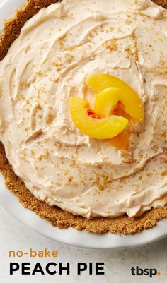 a no - bake peach pie on a white plate with the title above it