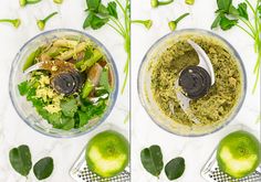 two pictures of the same food processor with ingredients in it, and one has an avocado