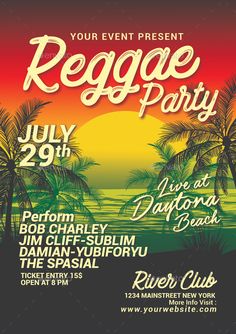 the reggae party flyer with palm trees and sunset in the backgroung background