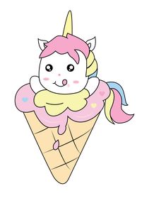 an ice cream cone with a cute unicorn on it's face and pink hair