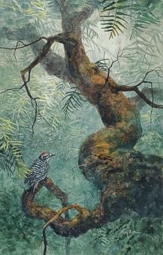 a painting of a bird perched on a tree branch