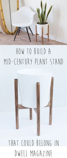 a white table sitting on top of a wooden floor next to a chair and potted plant