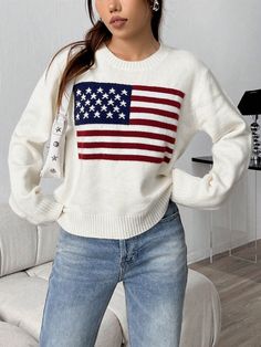 Women Fashionable Loose Casual All-Match Sweater With Flag Print,Long Sleeve Tops White Casual  Long Sleeve Knitwear Geometric,Striped,Flag Pullovers Medium Stretch  Women Clothing, size features are:Bust: ,Length: ,Sleeve Length: Apricot Sweater, Varsity Jacket Women, American Flag Sweater, Pullover Outfit, Women Sweaters, Drop Shoulder Sweaters, Long Sleeve Knit Sweaters, Pattern Sweater, Inspiration Mode