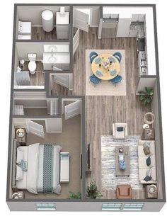 the floor plan of a two bedroom, one bath apartment with an open concept kitchen and living room