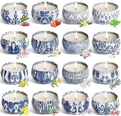 many blue and white bowls with candles in them on a white background, each containing different designs