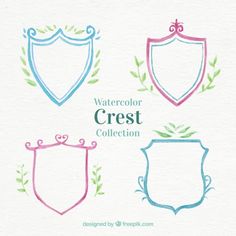 four watercolor crests with different colors and designs on them, one is blue, the other is pink