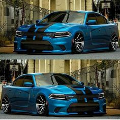 the front and side view of a blue dodge charger