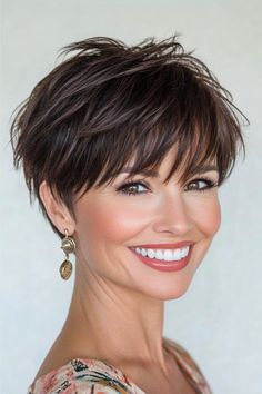 Textured Layered Pixie with Piecey Bangs Hairstyle on a smiling woman with brown hair. Choppy Pixie Cut With Bangs, Stacked A Line Bob, Pixie Hairstyles With Bangs, Hairstyles For The Summer, Pixie Cut For Thick Hair, Haircut For Girl, Piecey Bangs, Bob Hair Cuts, Haircut For Girls