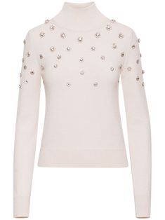 white virgin wool fine knit crystal embellishment high neck long sleeves ribbed cuffs and hem straight hem Chic Embellished Fitted Sweater, Elegant Embellished Winter Tops, Versace Outfit, City Dress, Knitted Tops, Turtleneck Top, High Neck Long Sleeve, Summer Beach Wear, Turtle Neck Top